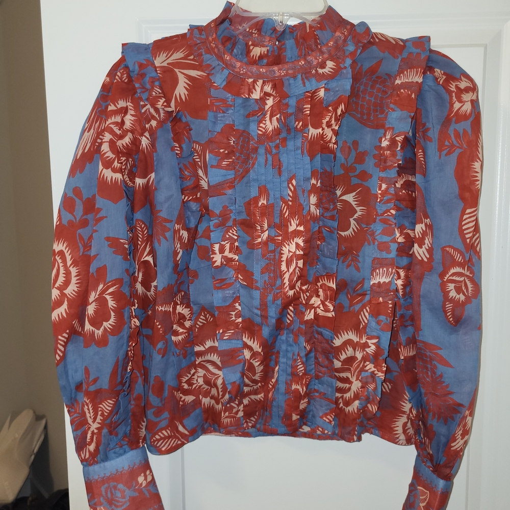 FARM Rio Blue and Rust Floral Ruffled Blouse